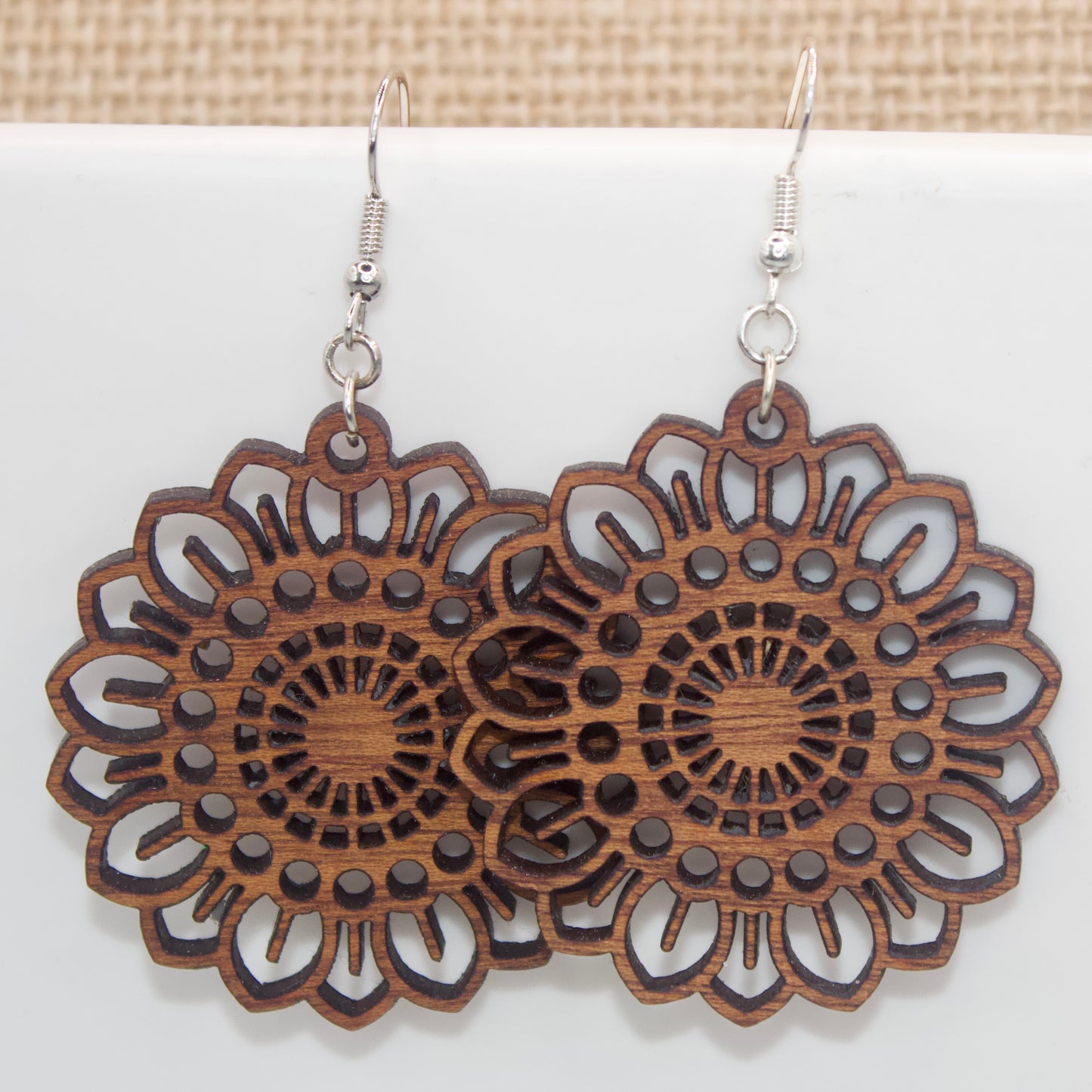 Floral, Medallion, Cut Out, Dangle, Wood, Laser cut, drop earrings