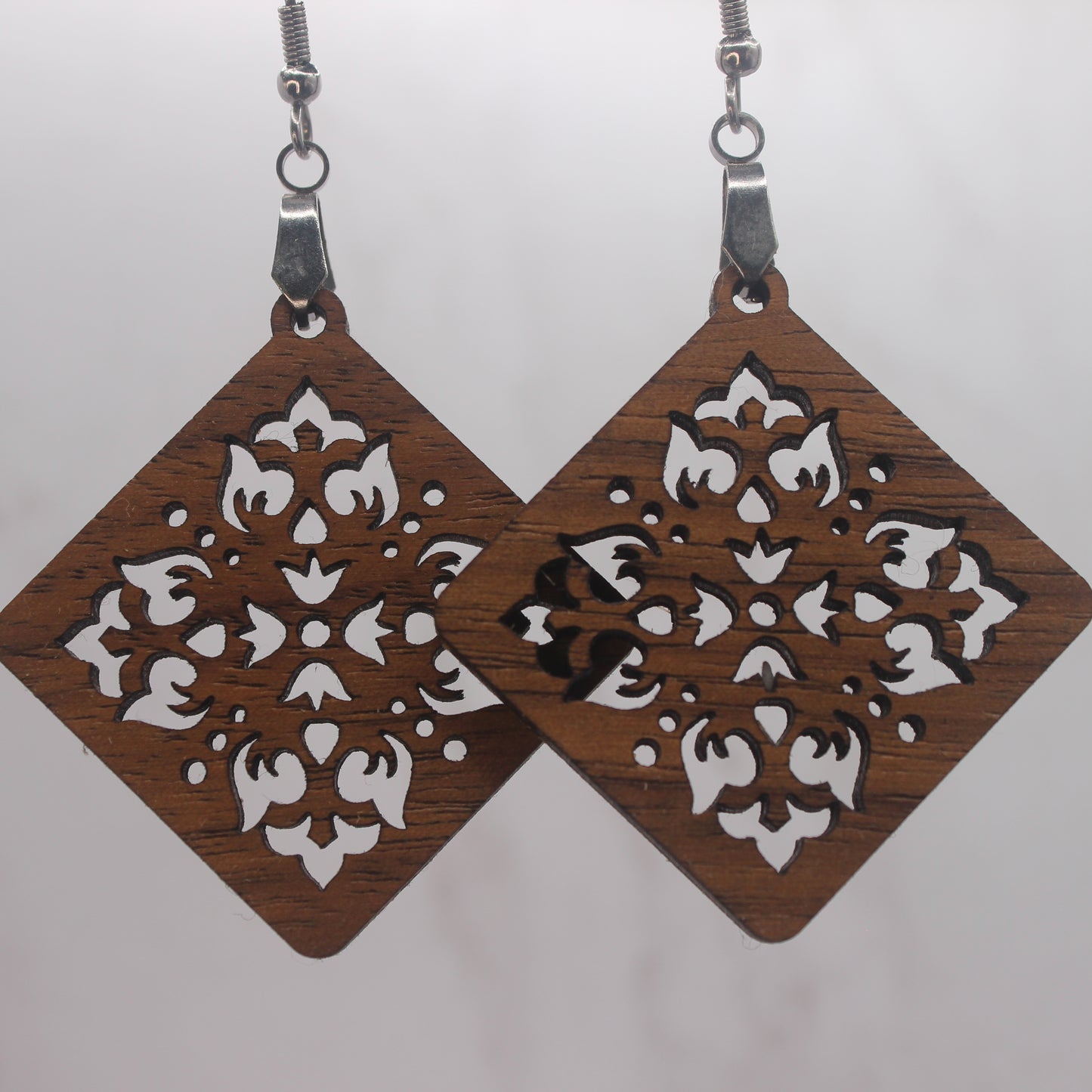 Wooden, Damask Cut Out Dangle Earrings