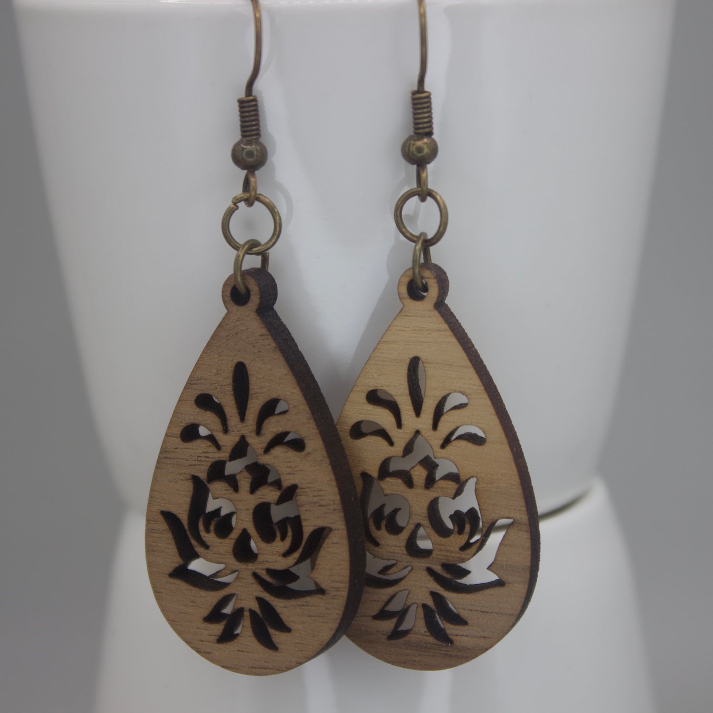 Teardrop, Wooden Damask Laser Cut Dangle Earring