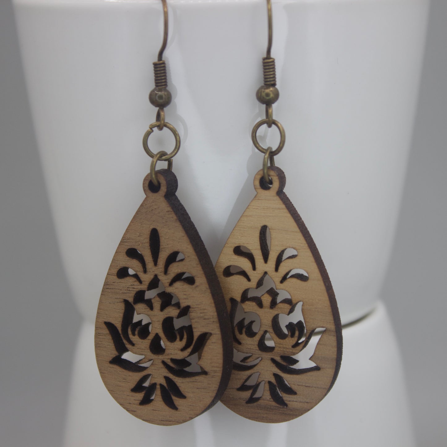 Teardrop, Wooden Damask Laser Cut Dangle Earring