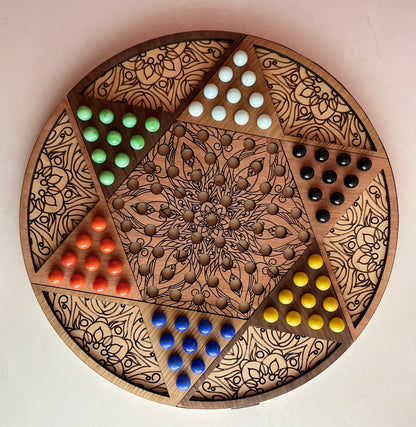 Handmade, wooden, Chinese Checkers board & glass marbles