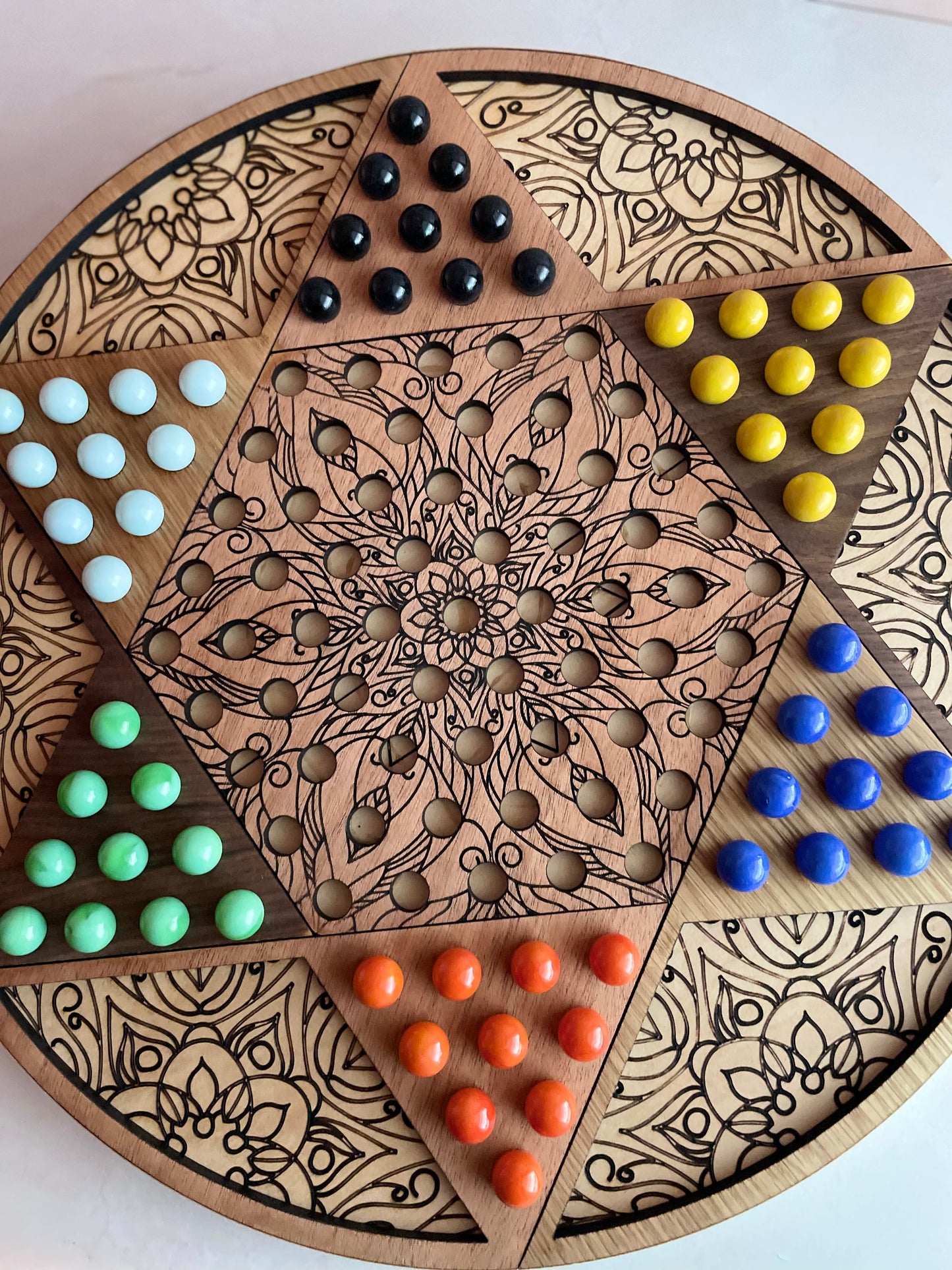 Handmade, wooden, Chinese Checkers board & glass marbles