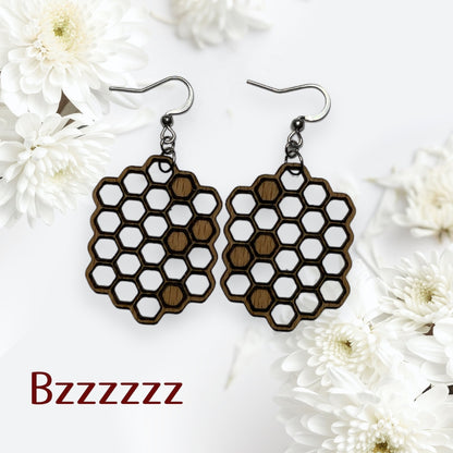 Bee Hive Inspired Laser Cut/Etched, Dangle, Wood, drop earrings