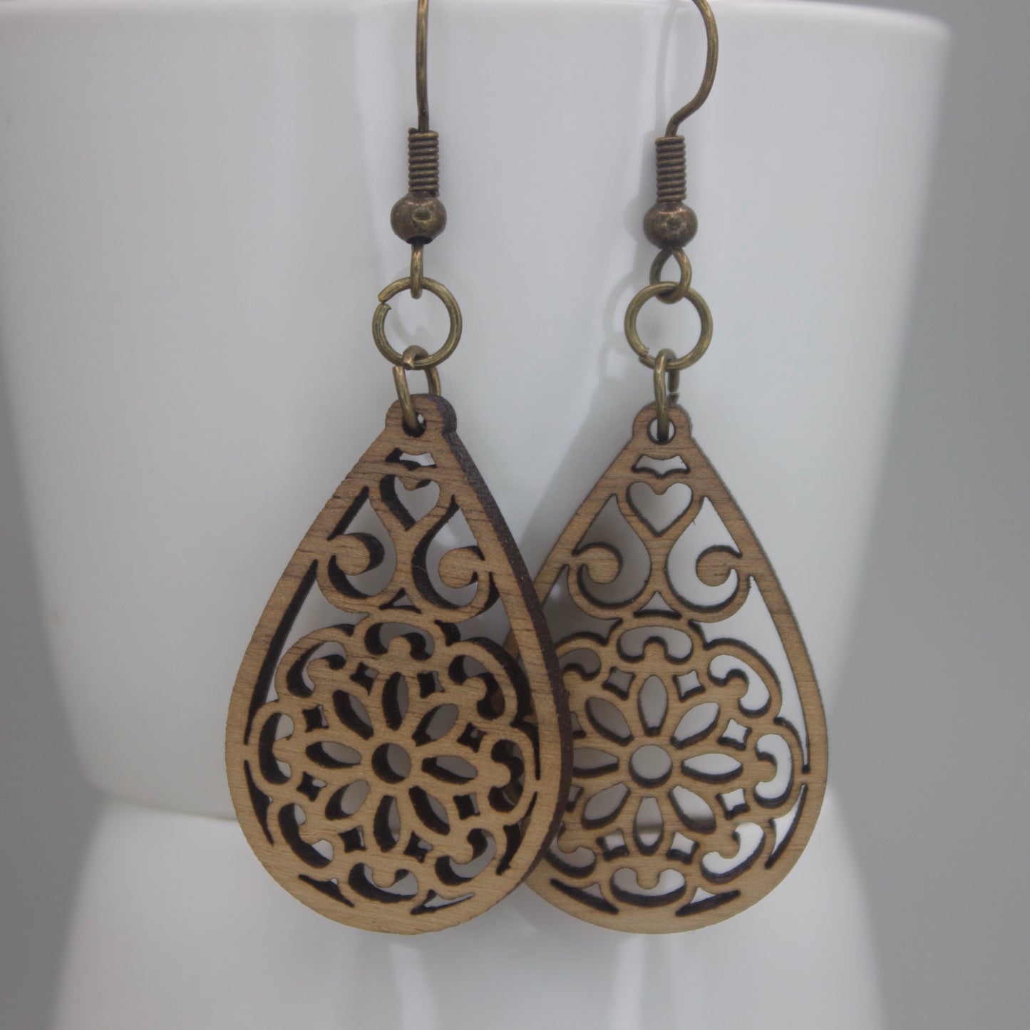 Teardrop, Floral Design, Wooden Laser Cut Earring