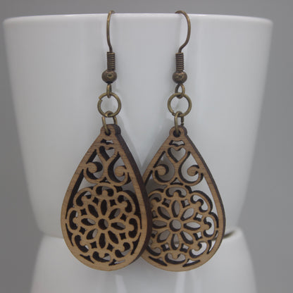 Teardrop, Floral Design, Wooden Laser Cut Earring