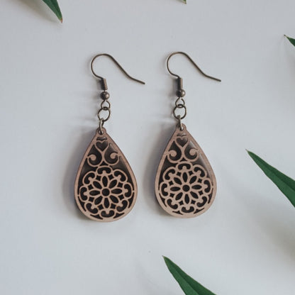 Teardrop, Floral Design, Wooden Laser Cut Earring