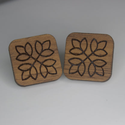 Square Post Earrings with Floral Etching, Wooden, Laser cut, Posts