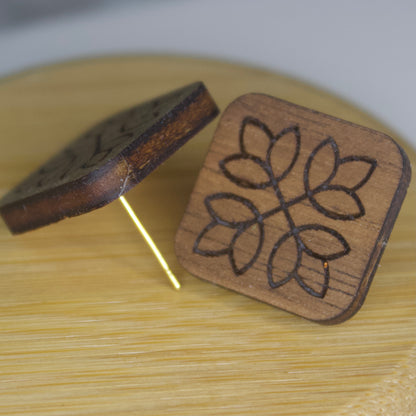 Square Post Earrings with Floral Etching, Wooden, Laser cut, Posts