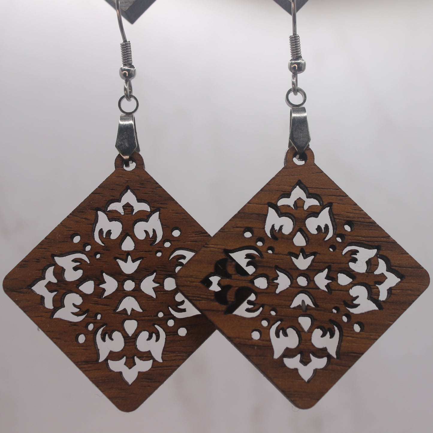 Wooden, Damask Cut Out Dangle Earrings