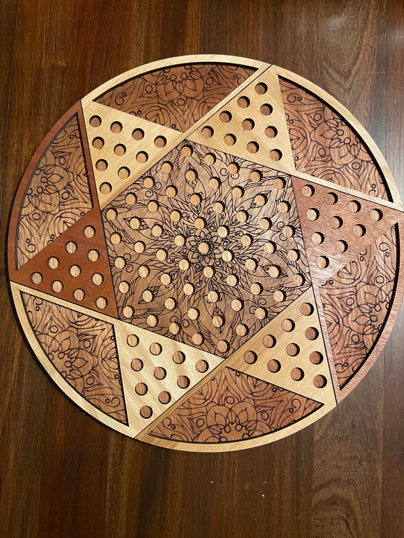 Handmade, wooden, Chinese Checkers board & glass marbles
